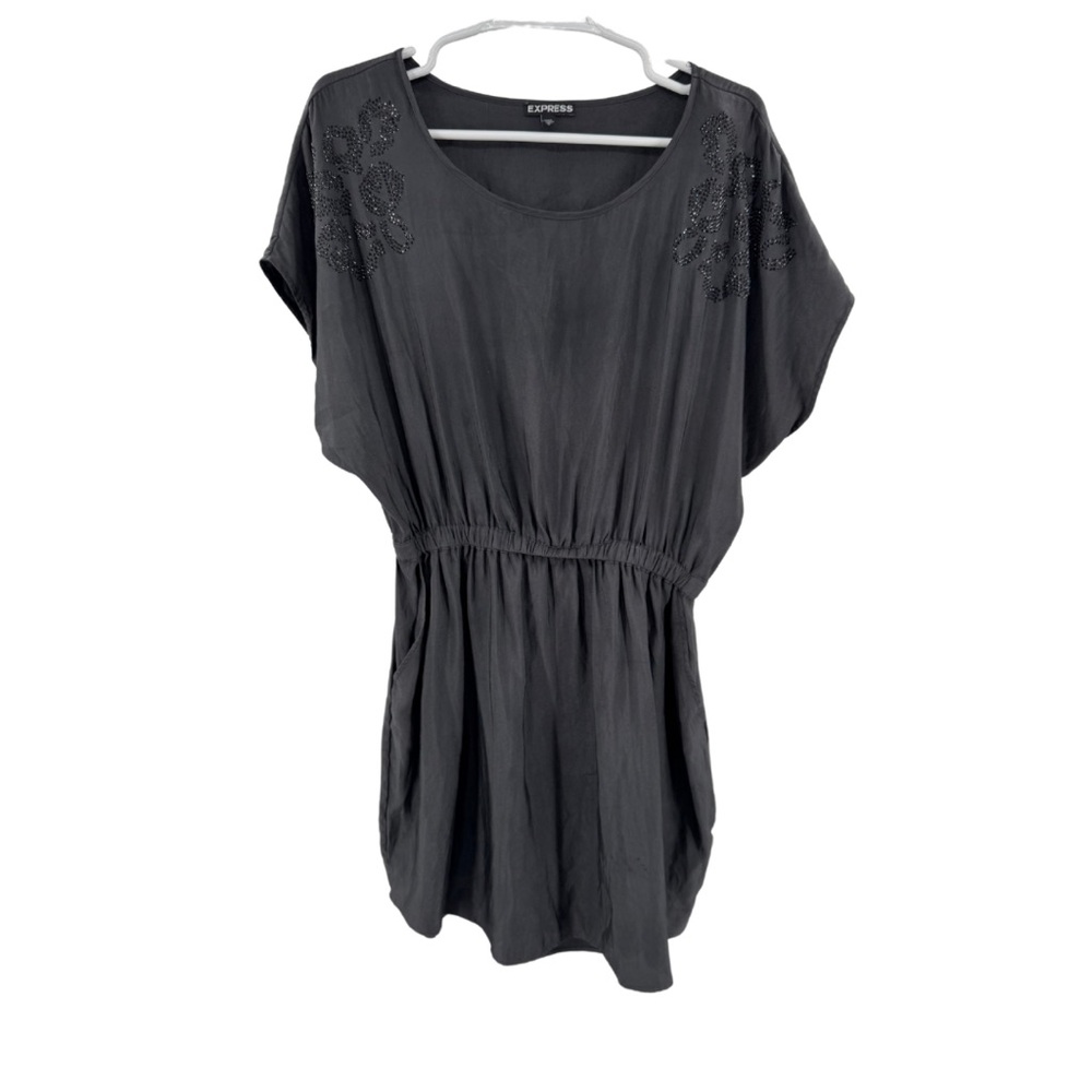 Express Gray Embellished Short Sleeve mini dress tunic silky L casual party